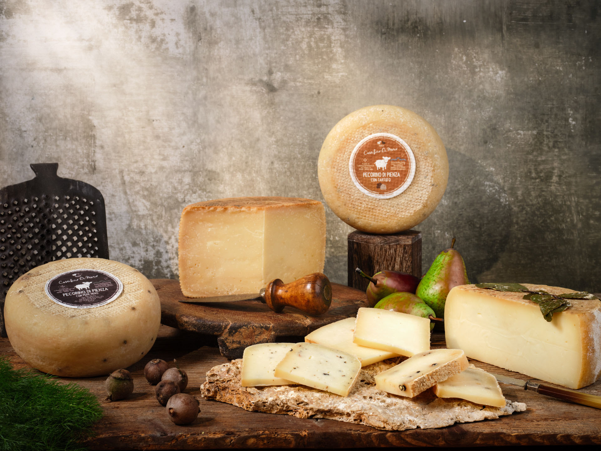 Pecorino selection on a wooden table - Dionysus Culture Food