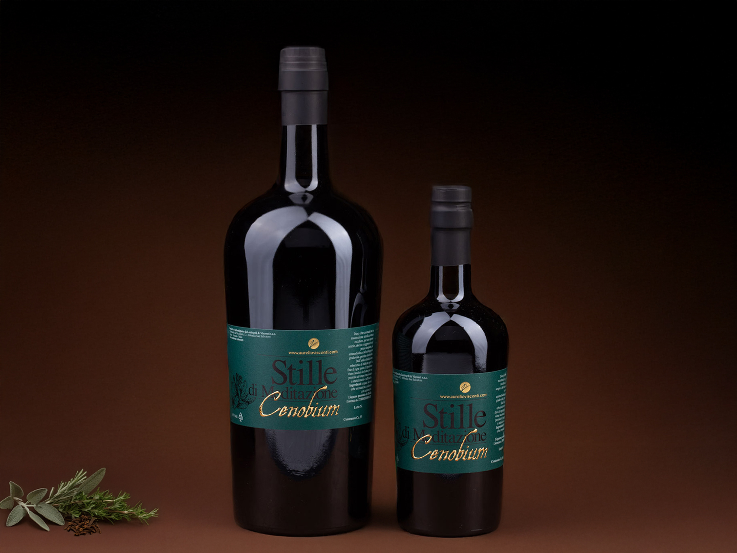 Cenobium herbal liqueur, a sugar-free Amaro made with ten herbs including clove, sage, juniper, and absinthe, offering a bold, bitter flavour and complex finish.