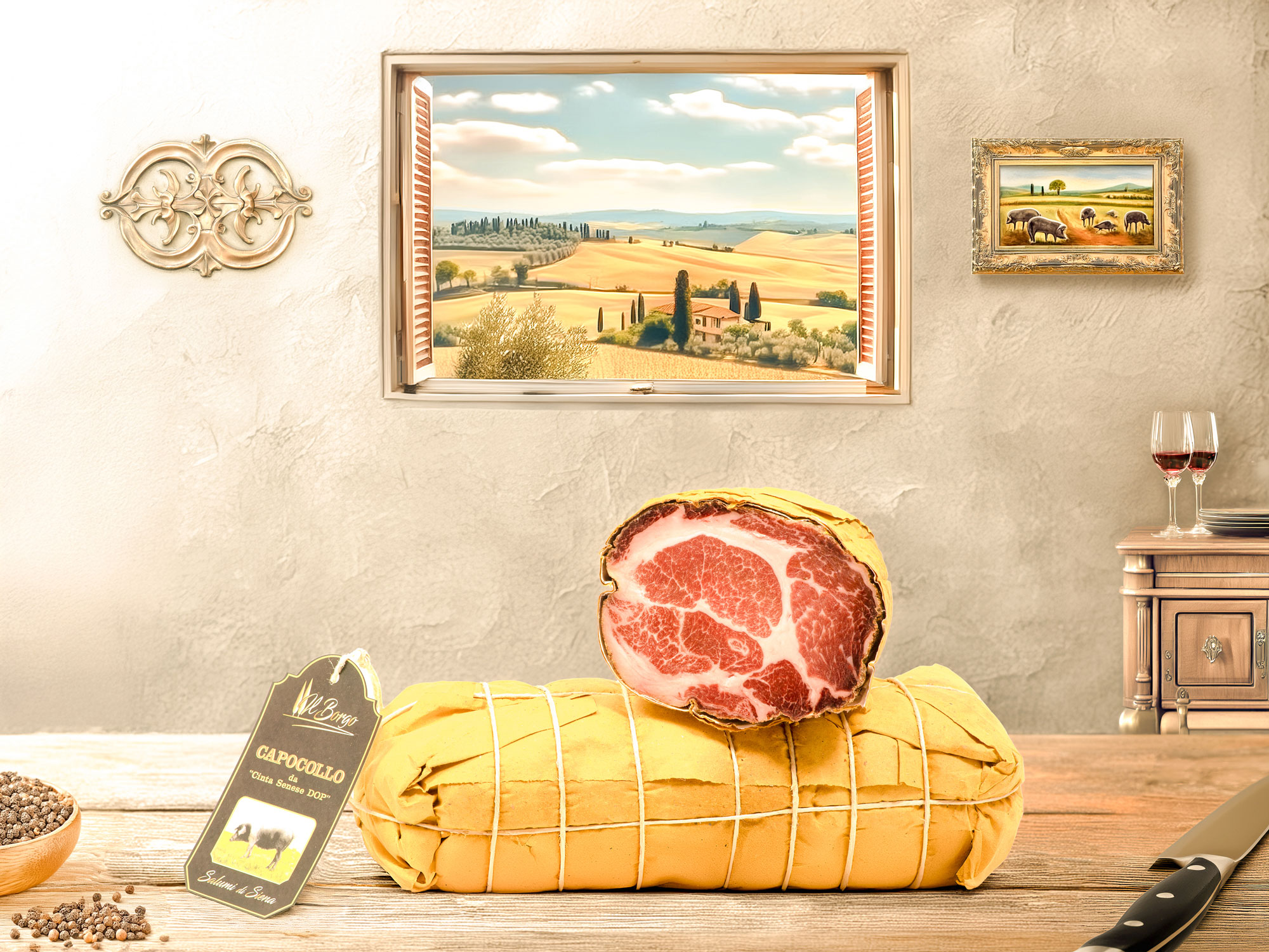 Premium Cinta Senese Capocollo, artisanal Tuscan delicacy made from high-quality Cinta Senese pork, seasoned with natural spices and aged for rich flavour and tender texture.