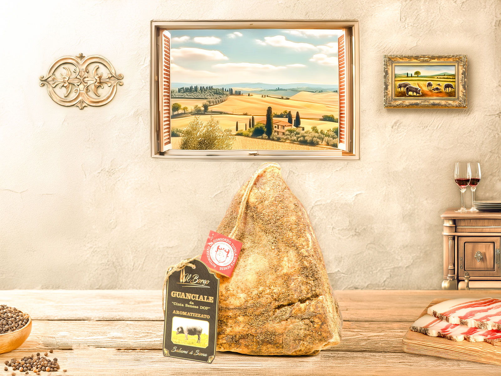 Premium Cinta Senese Pork Jowl, artisanal Tuscan cured meat from the cheek of Cinta Senese pigs, seasoned with spices for rich, savoury flavour.