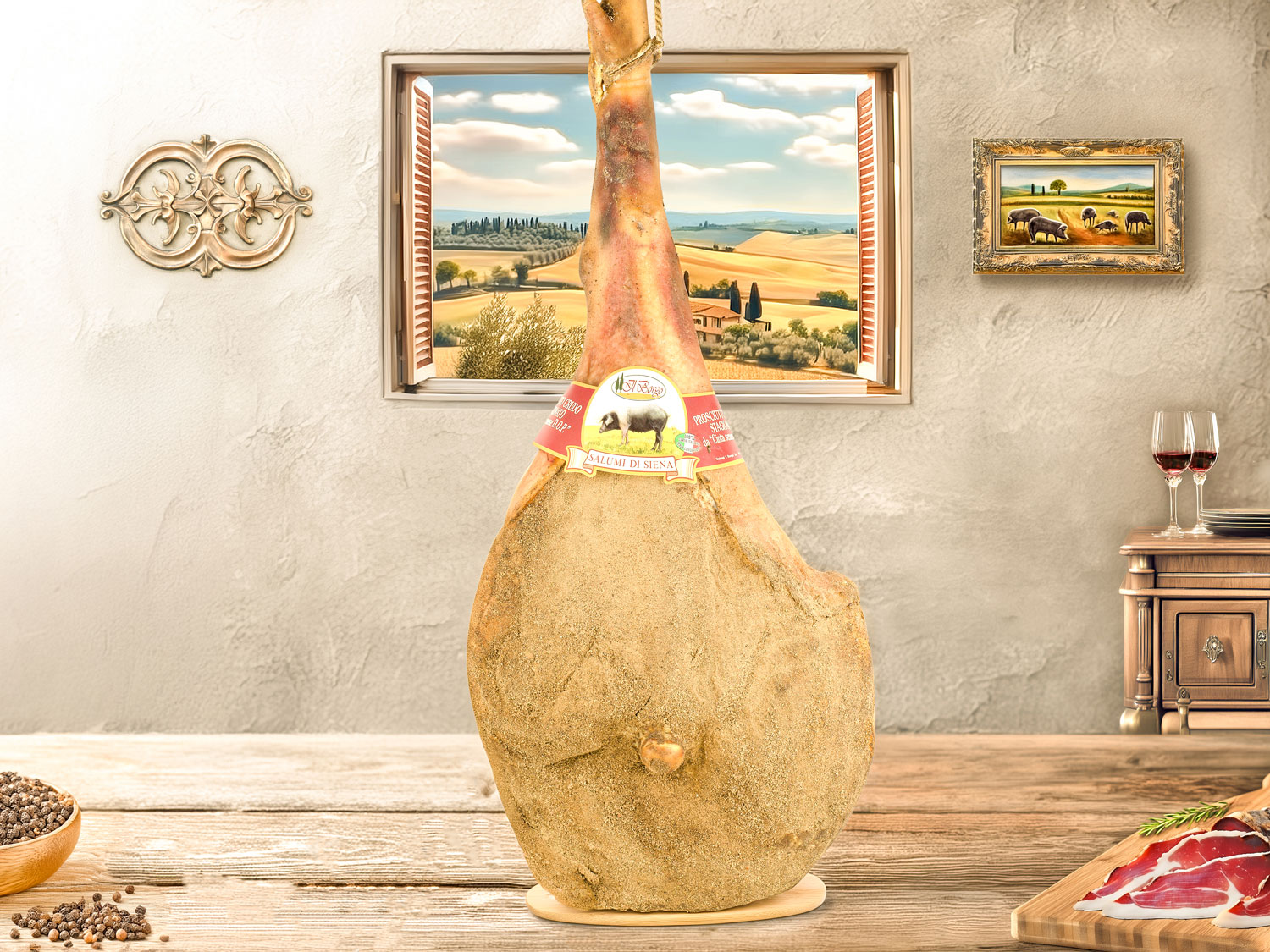 Premium Cinta Senese Prosciutto Crudo, artisanal Tuscan cured meat made from rare Cinta Senese pork, seasoned with spices for rich, intense flavour.