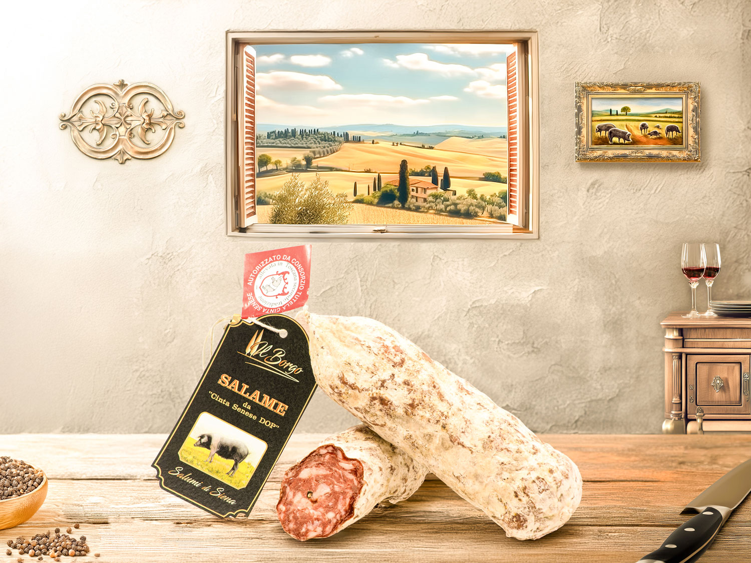 Premium Cinta Senese Salamino, artisanal Tuscan cured meat made from rare Cinta Senese pork, seasoned with spices and aged for rich flavour and aroma.