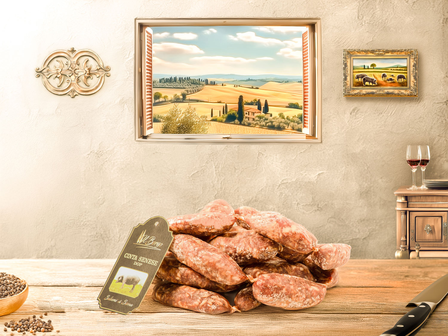 Premium Cinta Senese Cured Sausage, artisanal Tuscan delicacy made from rare Cinta Senese pork, seasoned with spices for rich, distinctive flavour.