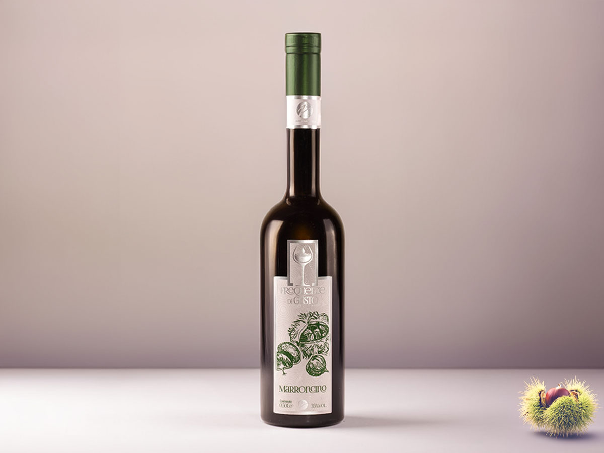 Marroncino liqueur made from Grappa and Marroni, offering a soft, aromatic taste with a lingering nutty aftertaste, crafted using Lombardi e Visconti’s secret technique.