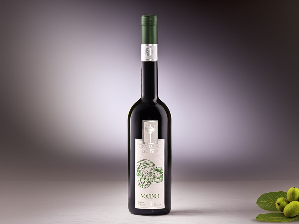 Premium Nocino liqueur bottle with rich color and intricate label design, showcasing the traditional Italian walnut-infused flavour. Perfect for gifting or savoring as a digestif. Handcrafted with high-quality ingredients for an authentic experience.