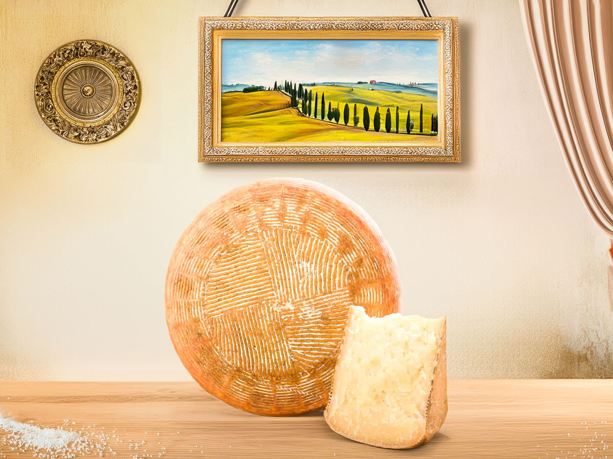 Pecorino di Pienza Canestrato – artisan sheep's milk cheese aged on fir wood boards and treated with 'morca' for a rich, complex flavour from Tuscany, Italy.