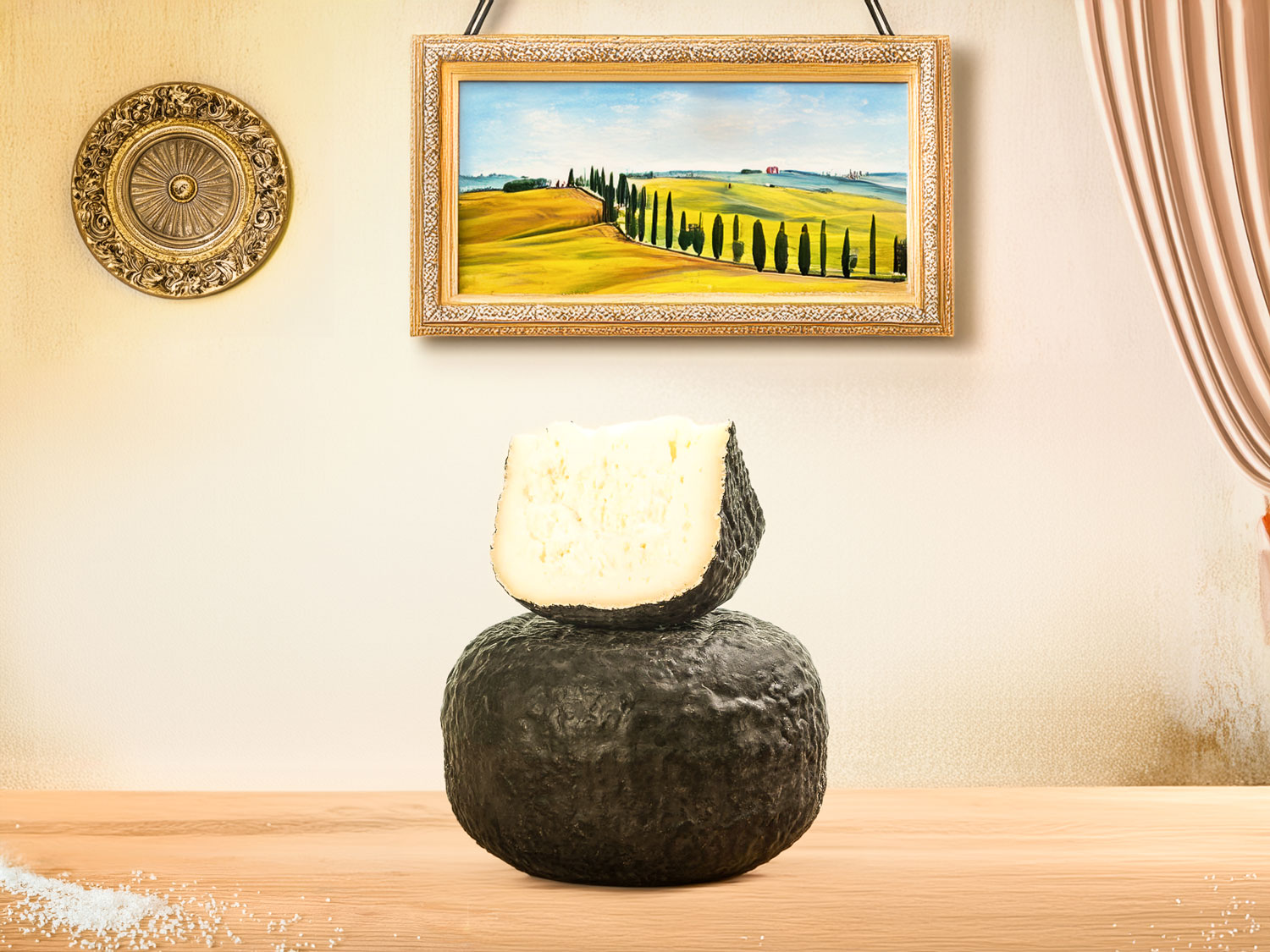 Pecorino di Pienza Nero – artisan sheep's milk cheese with a delicate flavour, crumbly texture, and subtle acidity, crafted in Pienza, Tuscany.