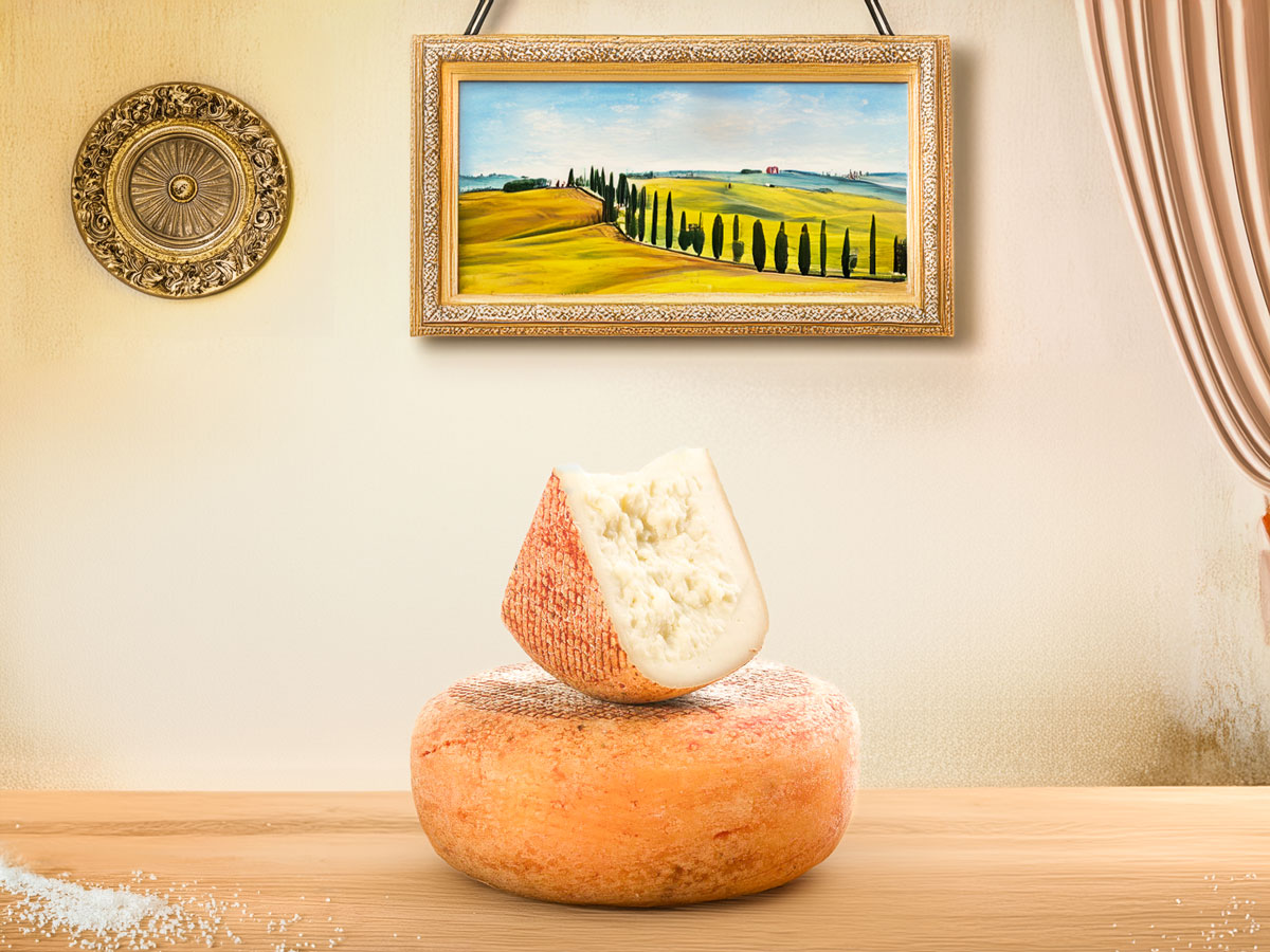 Pecorino di Pienza Rosso – semi-aged sheep's milk cheese with a soft texture, mild buttery flavour, and traditional red rind treated with tomato sauce.