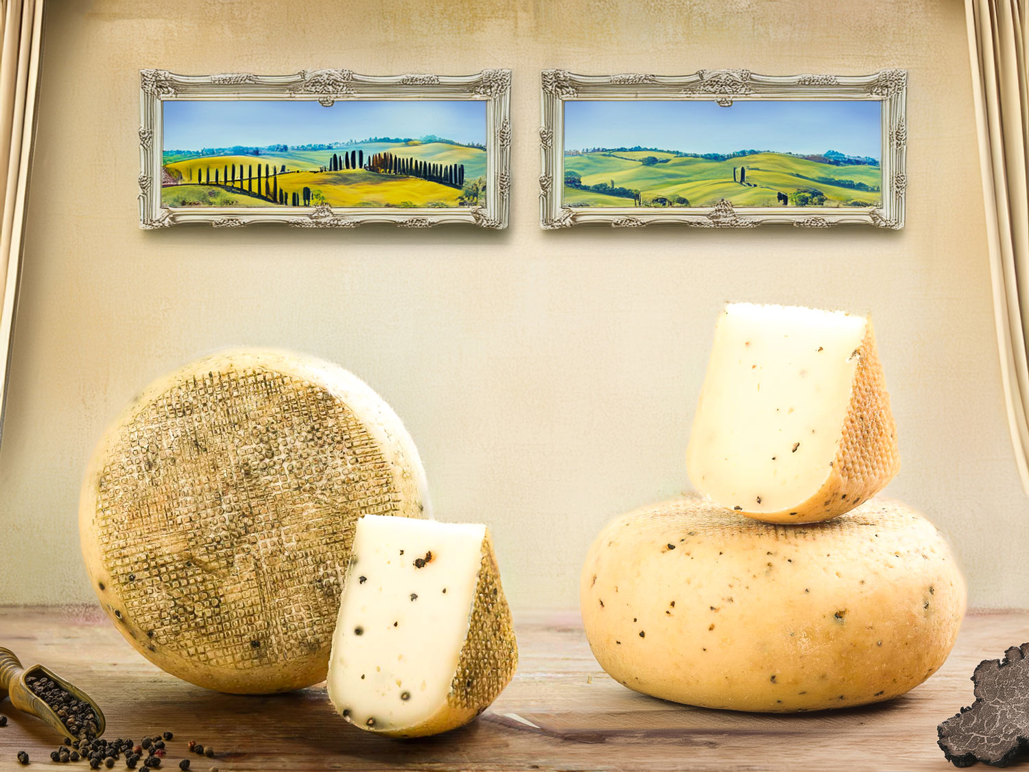 Two Spiced Pecorini on a wooden table